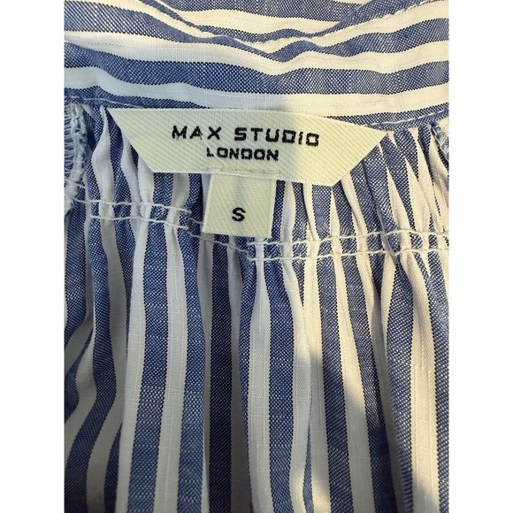 Max Studio Women's Size Small White & Blue Striped Cuffed Short Sleeve Shirt - Picture 9 of 11